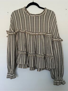Pilcro Striped Ruffle Peasant Blouse - Cream & Black